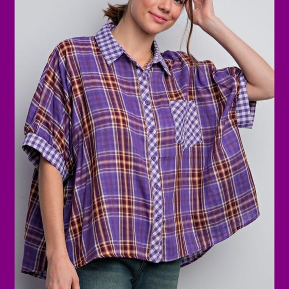 Easel Purple Plaid Oversized Button Down Top NWT M - Picture 10 of 10
